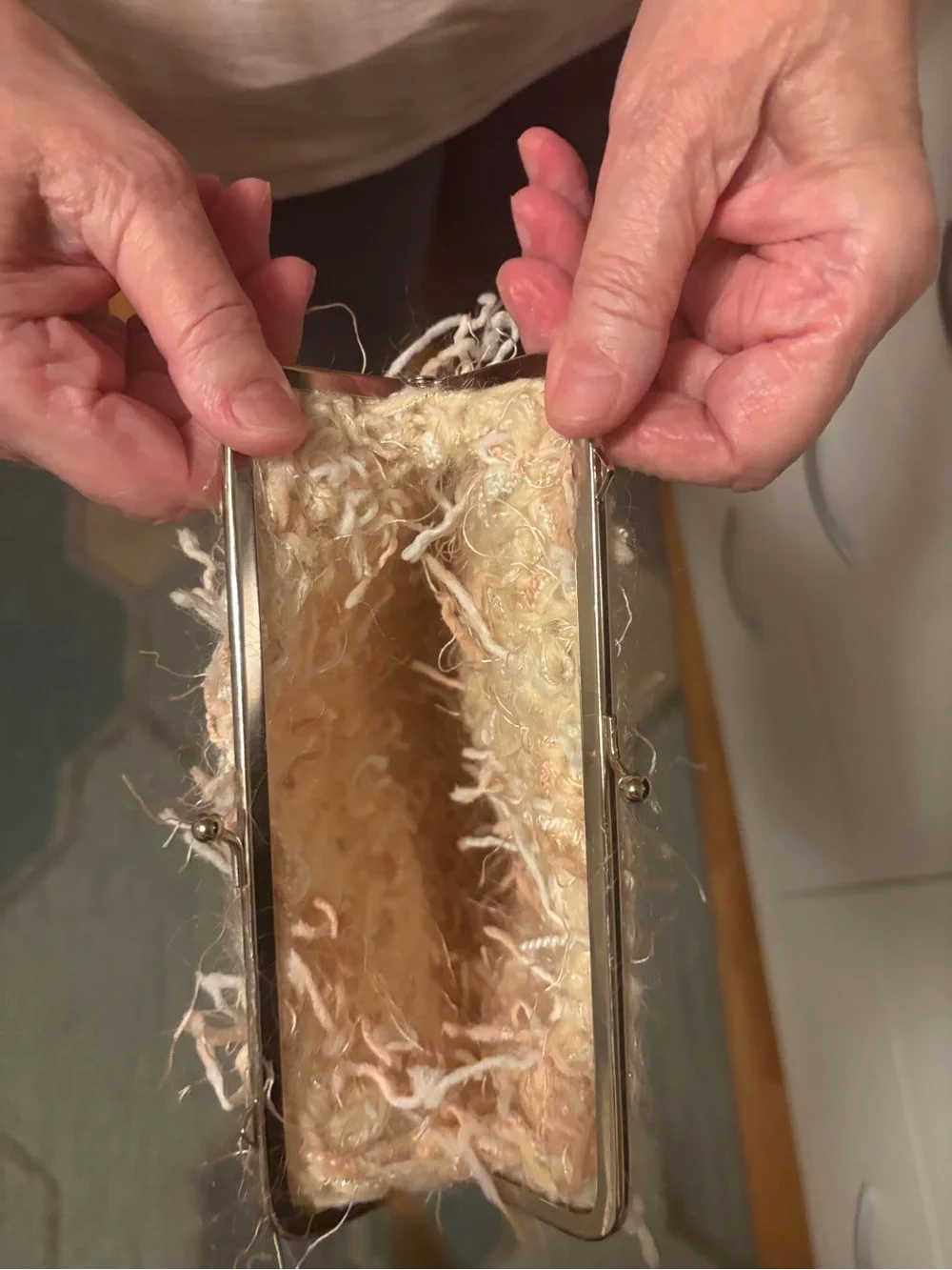 Handcrafted Peach Knit Fringe Wristlet Clutch